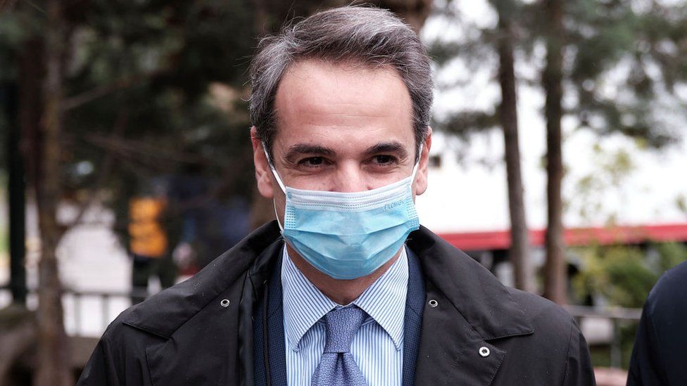 Greek Prime Minister Kyriakos Mitsotakis in a face mask