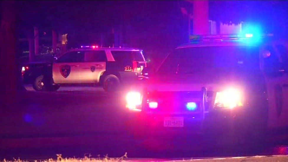 A video screengrab shows police vehicles arriving at the scene of the shooting in Plano, Dallas, Texas