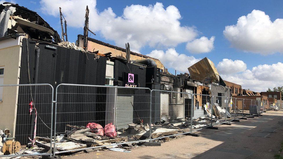 Fire gutted units on industrial estate in Baldock.