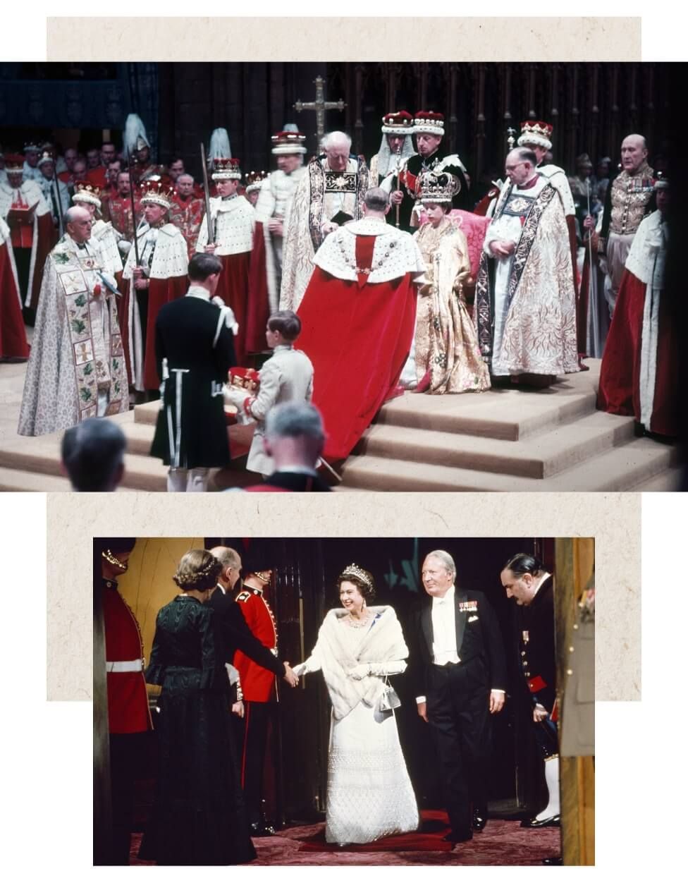 Two pictures, one of the Queen being crowned at Westminster Abbey, and in evening dress standing next to Prime Minister Edward Heath
