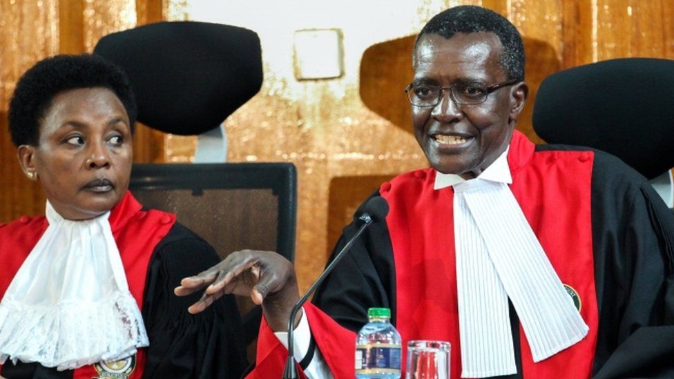 Deputy Chief Justice Philomena Mwilu and Chief Justice David Maraga look on during a pre-trial conference on petitions seeking to nullify the outcome of the repeated presidential poll held on 26 October 2017