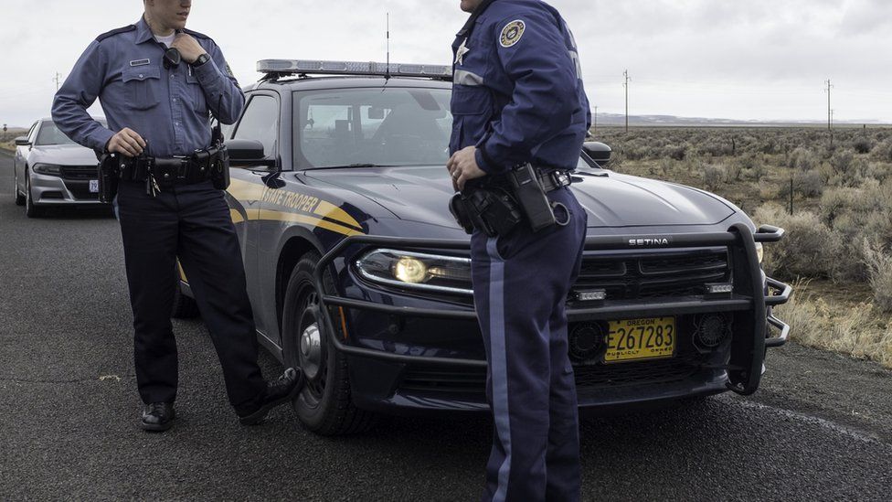 File photo of Oregon state police at a checkpoint near 2016 wildlife refuge standoff