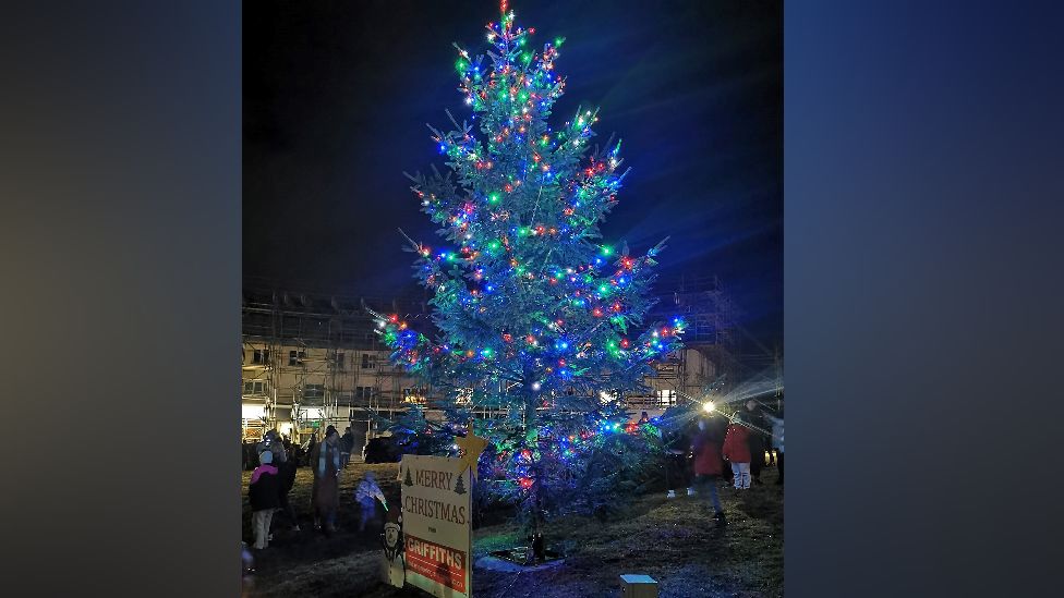 the Christmas tree on display in the village before the lights were stolen