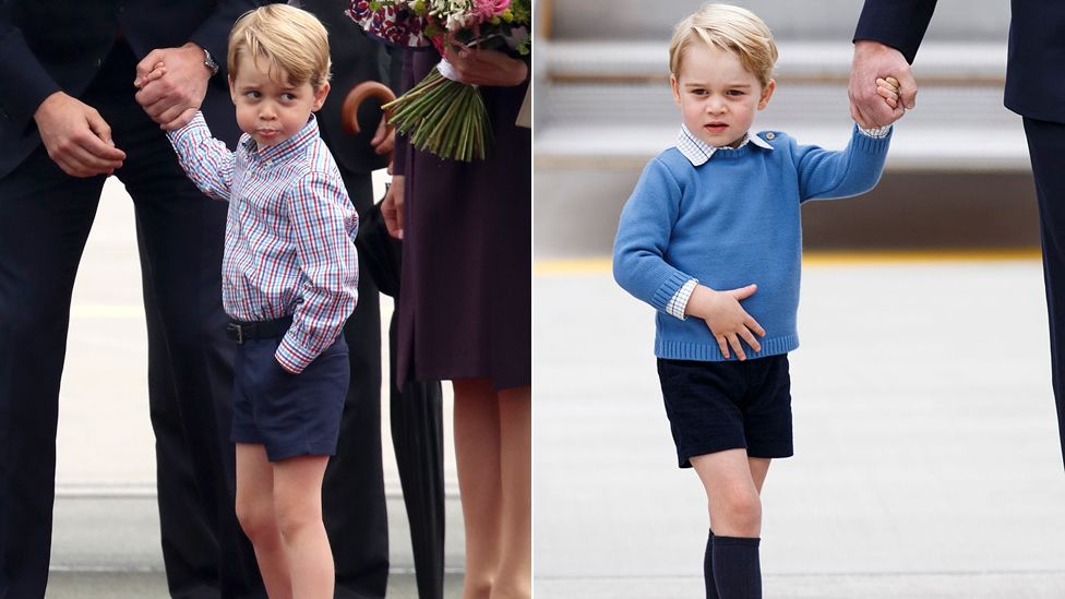 Two images of Prince George wearing shorts