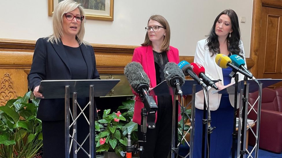 Michelle O'Neill, Caoimhe Archibald and Emma Little-Pengelly were speaking at a press conference at Stormont Castle