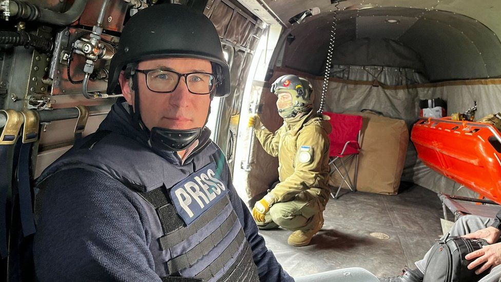 James Landale on board the Sea King helicopter in southern Ukraine