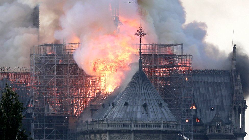 Flames on the roof of the Notre-Dame cathedral in Paris, France, 15 April 2019