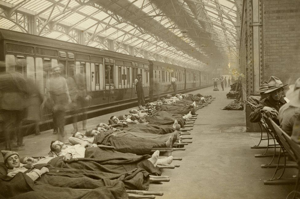 Injured men and hospital train