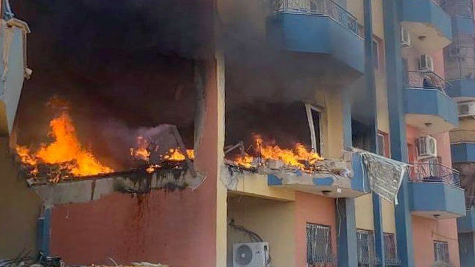 Residential building on fire in Khartoum.