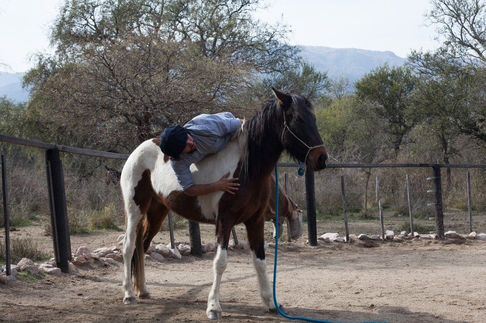 Cristobal (Oscar's oldest son) in the farmyard with a horse