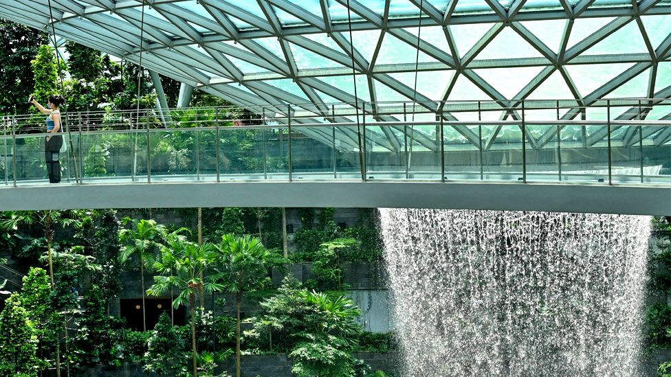 The observation bridge of the Rain Vortex at Jewel Changi airport in Singapore on 7 December 2022