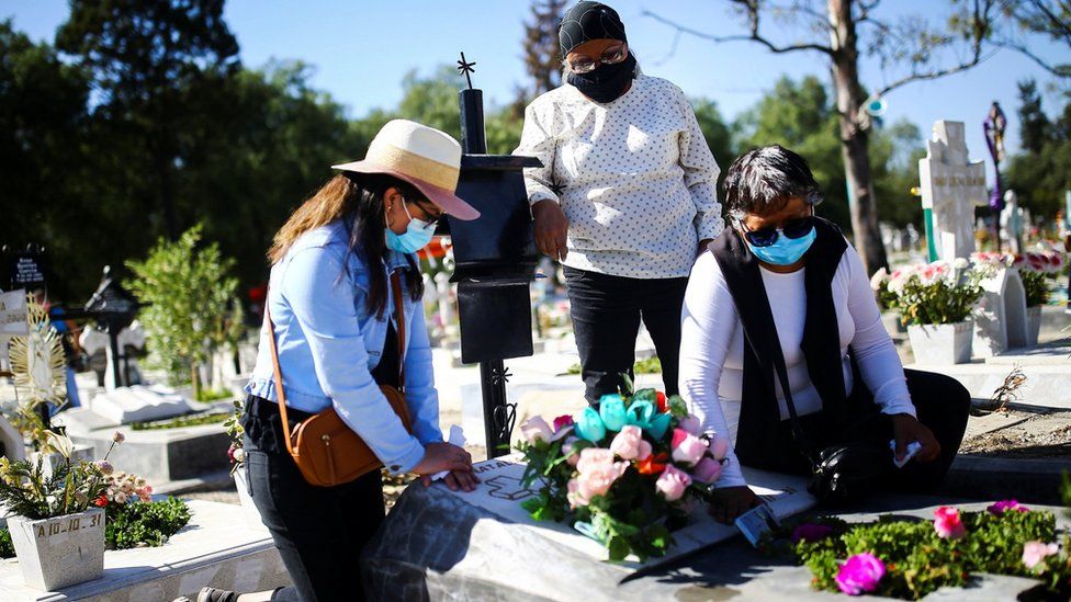Three women visit a grave in Mexico