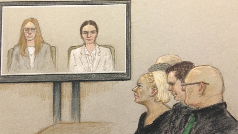Court artist's picture of Anne Sacoolas with dark hair on a screen and members of Harry Dunn's family watching