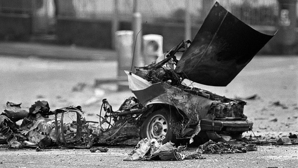 Wreckage of car after attack