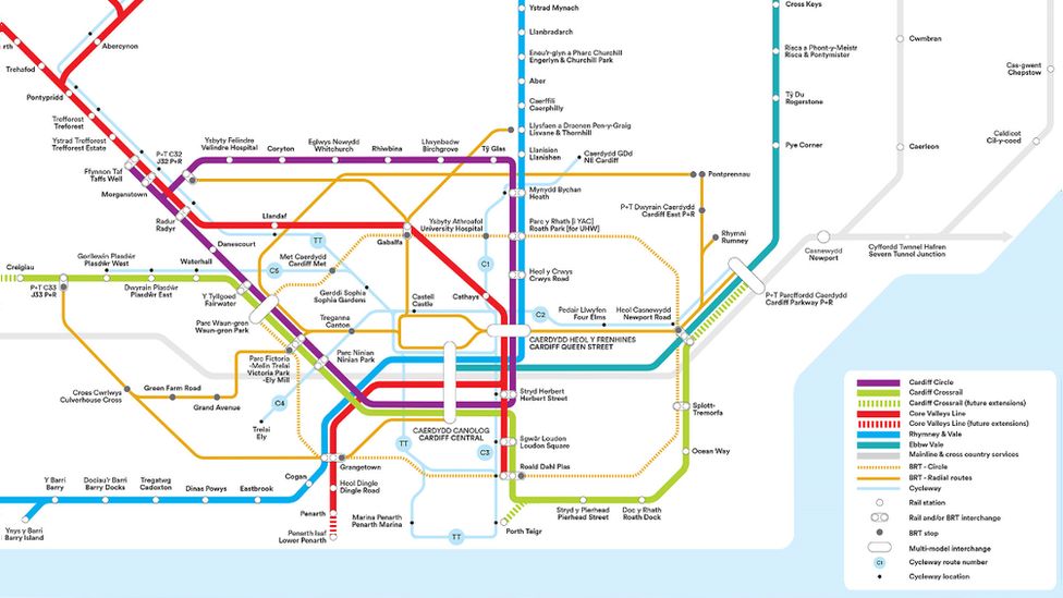 An outline map of Cardiff's Crossrail project