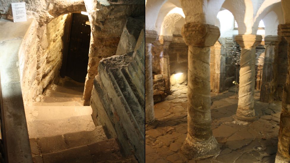 Two views of the inside of St Wystan's Church, including a shot of steps leading down to a crypt