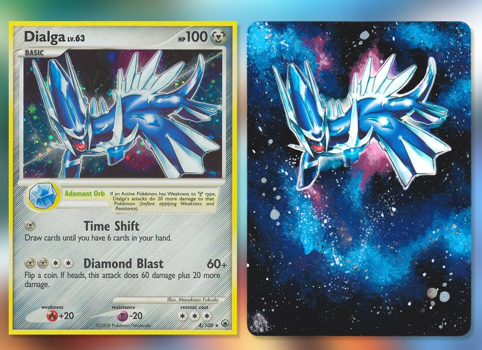 A Dialga. The Pokemon card is quite different to the others, with a space theme caused by a shiny card. The artwork has been extended, with the entire card now shiny.