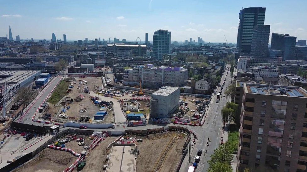Aerials showing the HS2 construction site stretching across a large area in Euston.