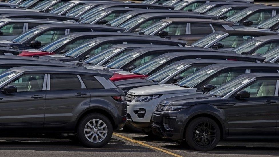 Completed Land Rover cars outside the factory at Halewood, Merseyside