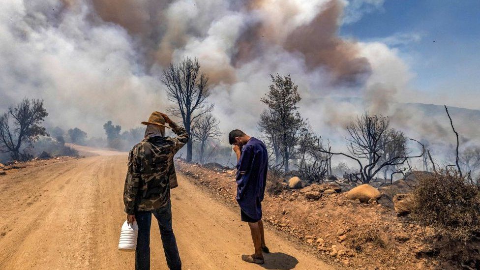 Men standing on a dirt road with plumes of smoke near them