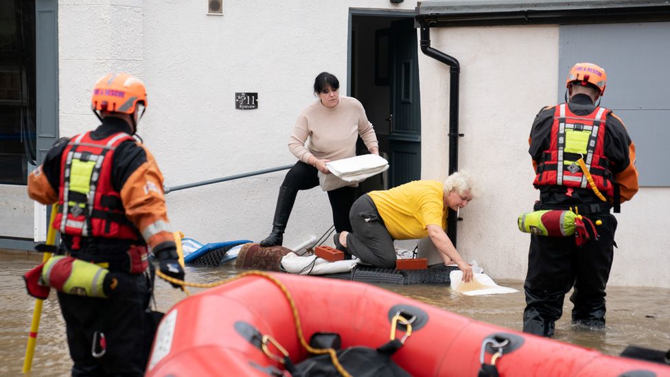 A fire and rescue team in floodwater in Bewdley