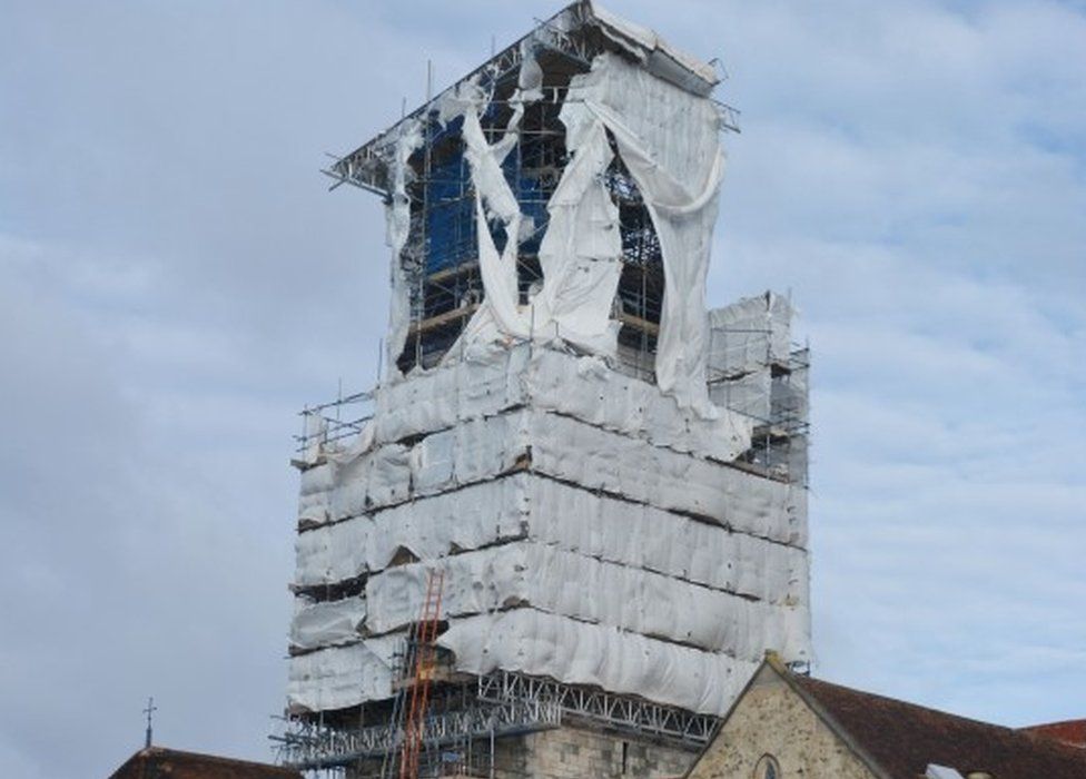 Scaffolding covers on Portsmouth's Anglican Cathedral ripped to shreds by high winds