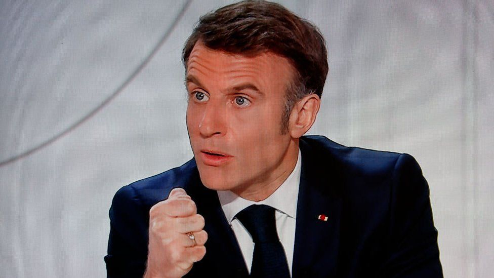 France's President Emmanuel Macron addressing a live interview on French TV channel France 2 at the Elysee Presidential Palace in Paris.