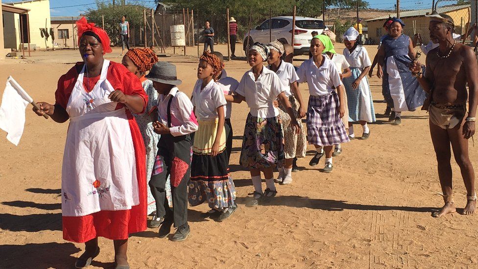 Members of the Nama community perform a traditional dance in Springbok, Northern Cape
