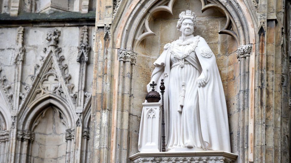 A statue of Britain's late Queen Elizabeth II at York Minster, York