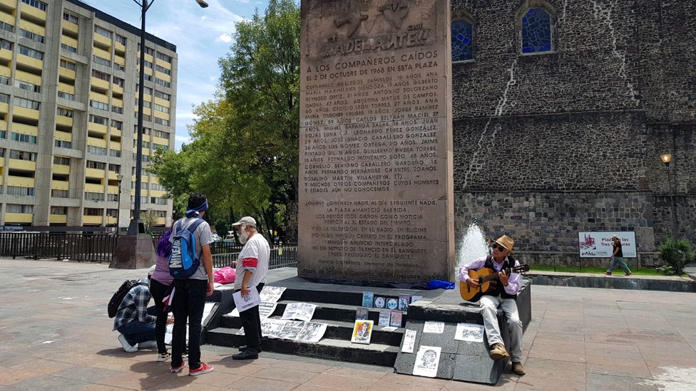 A monument to dead student protesters stands in Plaza de las Tres Culturas, Mexico City