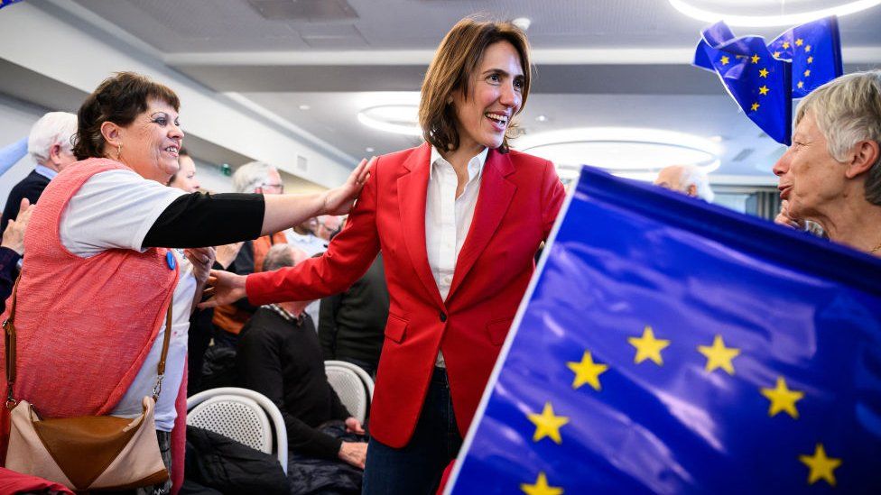 France's group Renew (Renaissance), Modem and Horizons party's leading European Parliament election candidate and MEP Valerie Hayer attends a meeting in Toulouse, southwestern France, on April 29, 2024