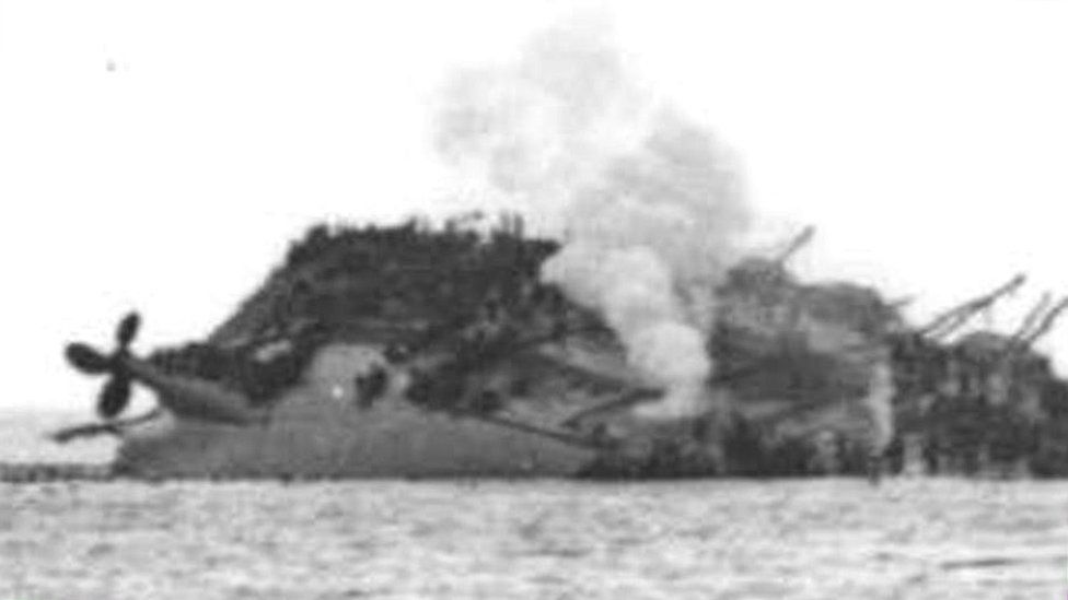 The Lancastria after being hit by German bombers off the coast of France in 1940