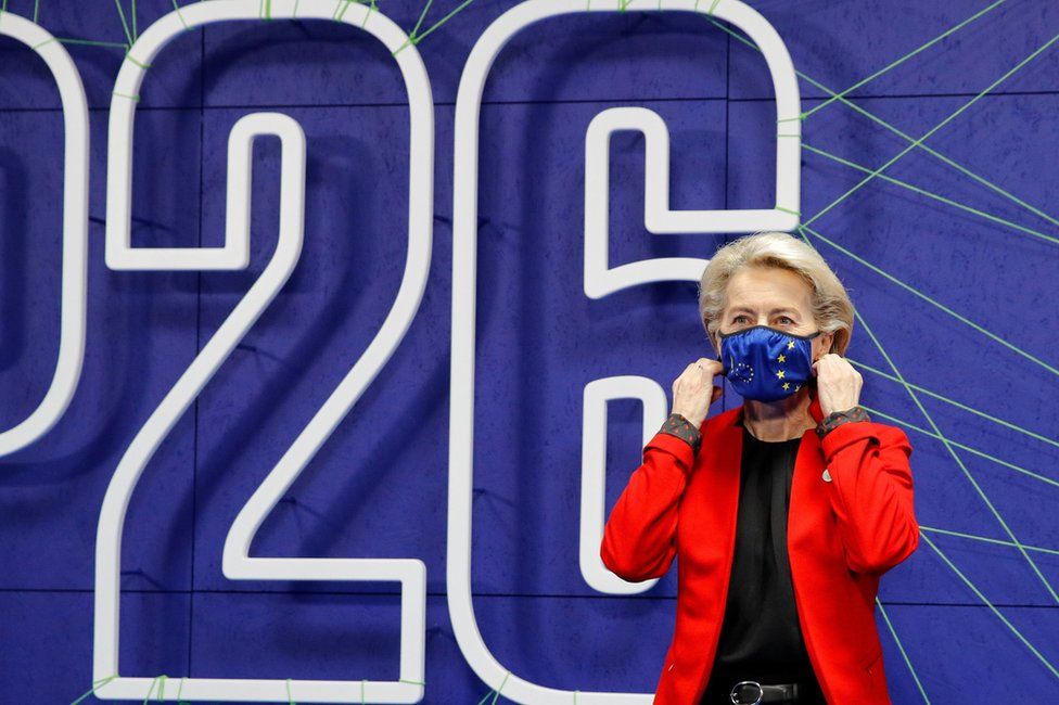 European Commission President Ursula von der Leyen arrives for the Cop26 summit at the Scottish Event Campus (SEC) in Glasgow on 1 November 2021