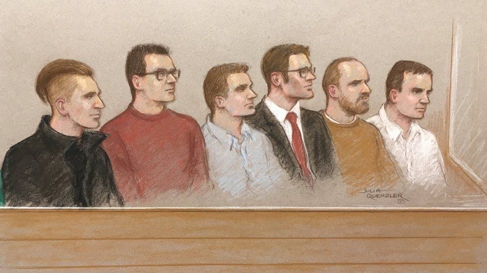 Six defendants court sketch