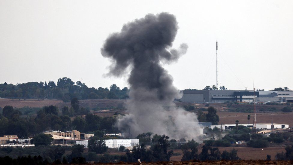 A rocket launched from the Gaza Strip strikes an area near Sderot, southern Israel, on 9 October.
