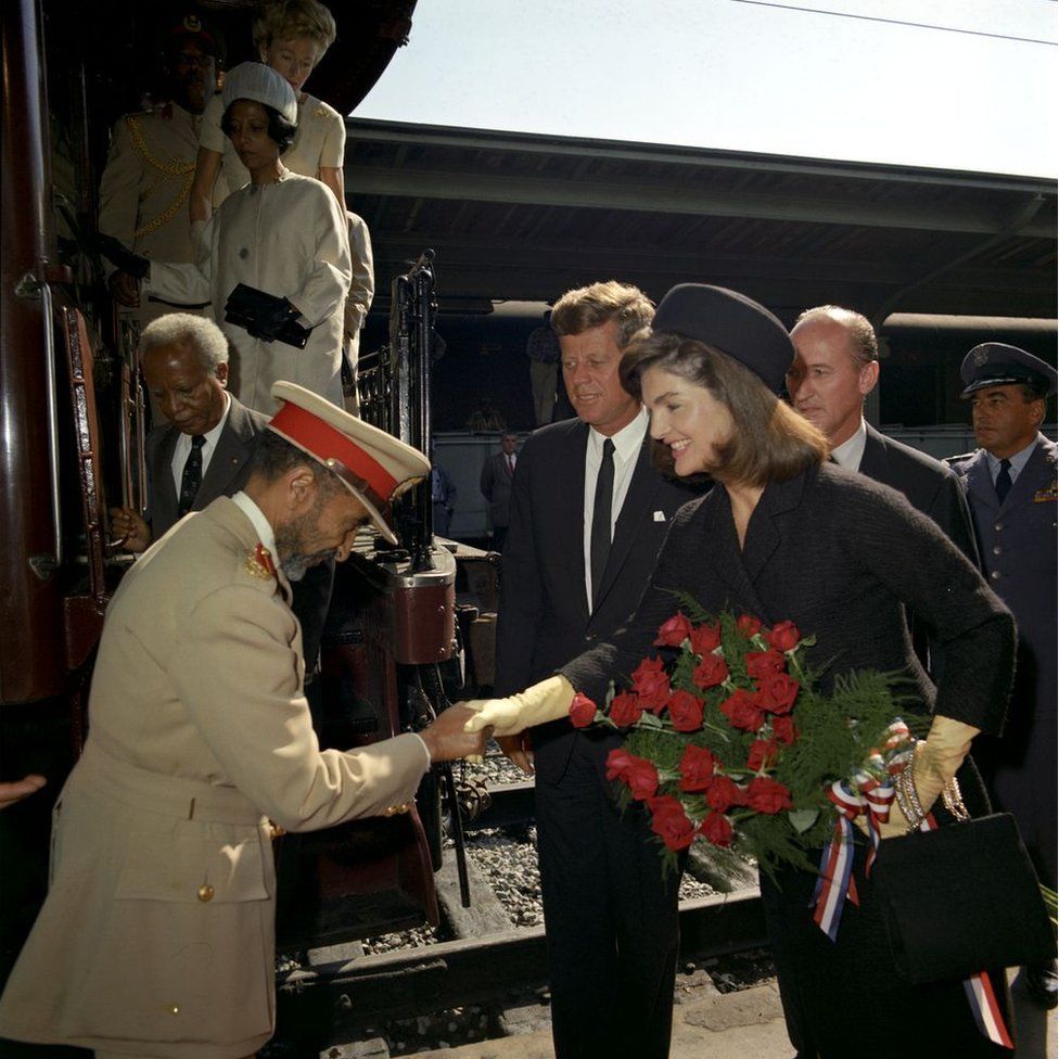 Haile Selassie being greeted by President Kennedy