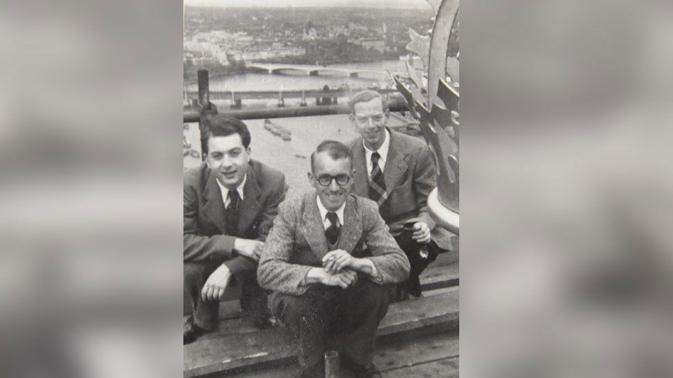 Frank Bright and two others on roof of Palace of Westminster