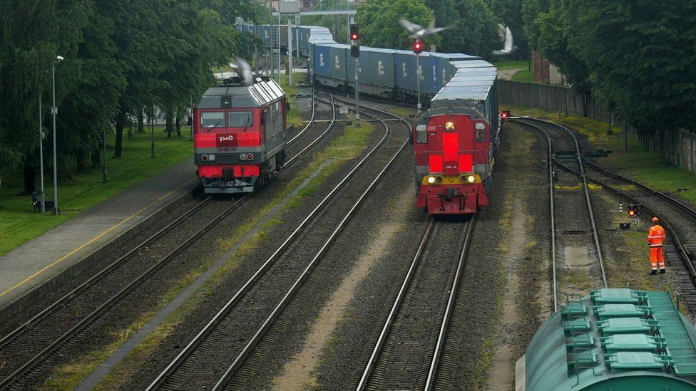 Russian freight trains at a standstill after arriving at the border railway station in Kybartai, Lithuania, from Kaliningrad