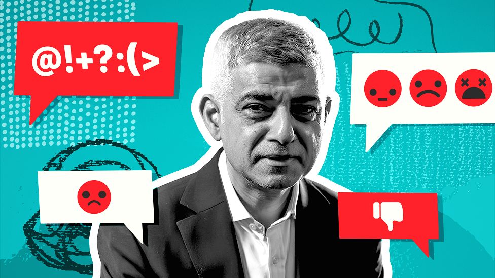 Graphic showing Sadiq Khan with angry emojis and text bubbles representing hateful messages