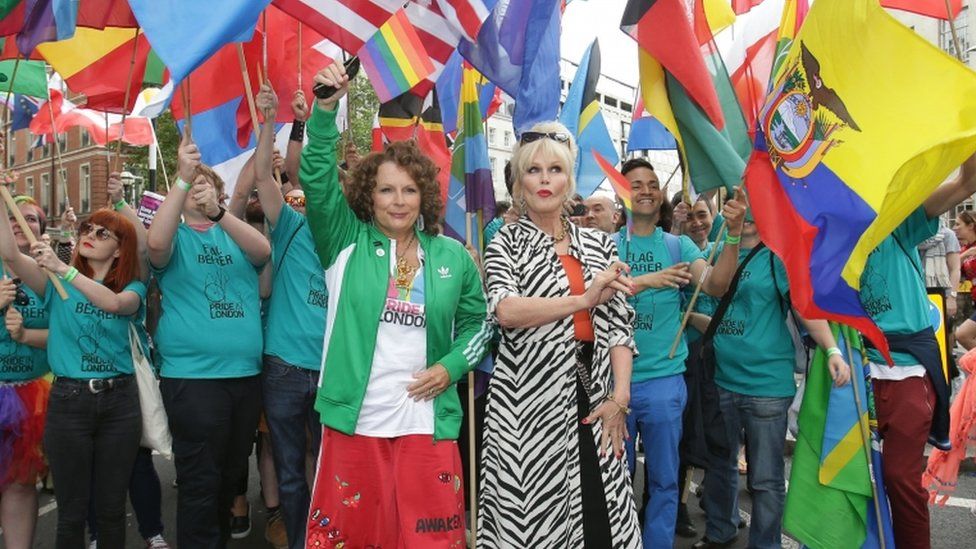 Jennifer Saunders and Joanna Lumley at the Pride parade