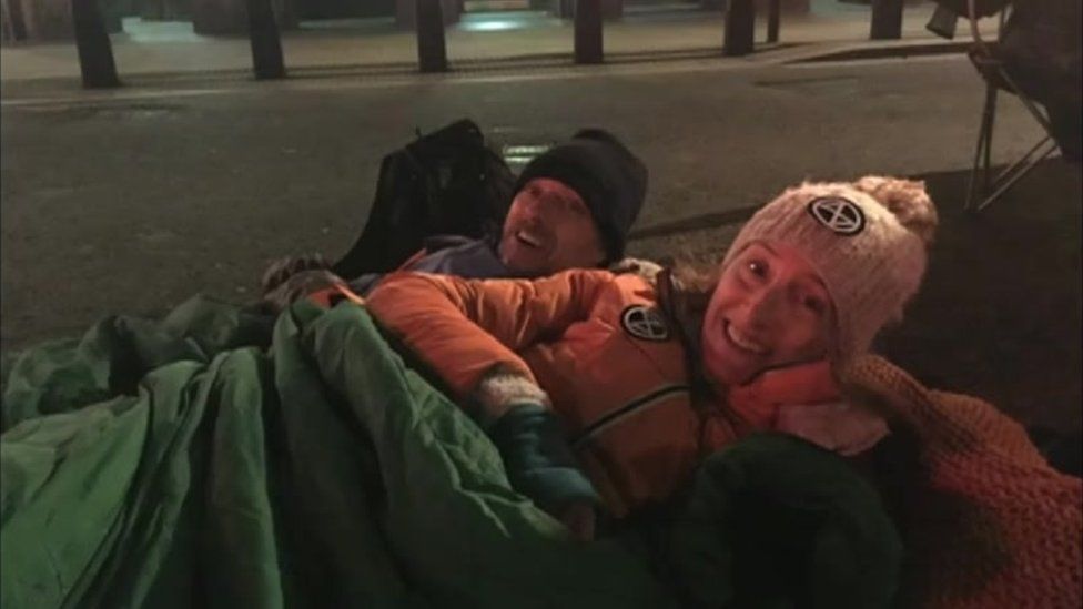Adam Shipp and Jackie Jones in a sleeping bag