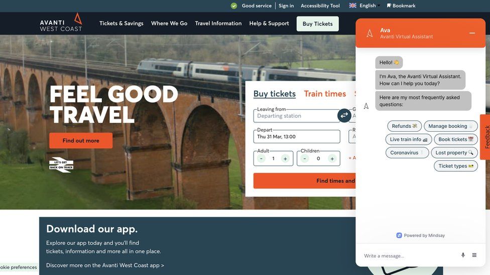 A chatbot on the website of train firm Avanti