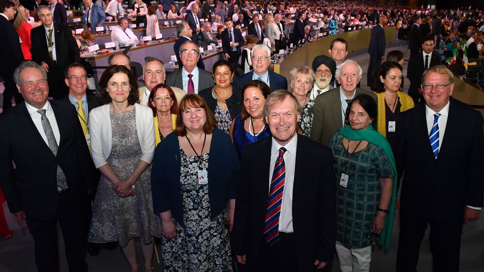 The British delegation including Theresa Villiers MP, Sir David Amess, Matthew Offord MP and Roger Godsniff MP pose during the Conference In Support Of Freedom and Democracy In Iran on June 30, 2018 in Paris, France.