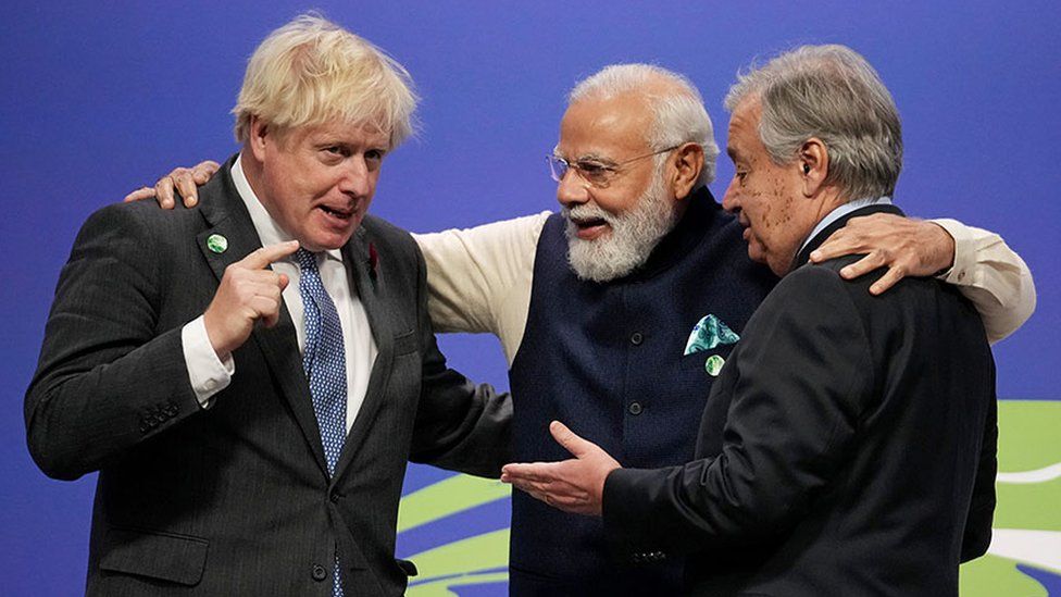 Prime Minister Boris Johnson (left), India's Prime Minister Narendra Modi (centre) and United Nations Secretary General Antonio Guterres at the UN Climate Change Conference (COP26) in Glasgow, Scotland, on 1 November 2021