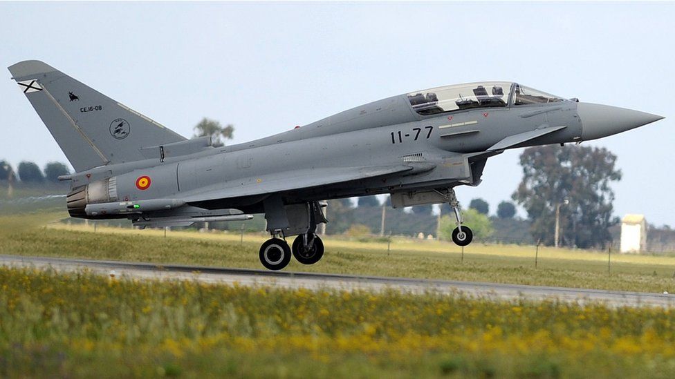 A Eurofighter takes part in an air show in Vigo, northwestern Spain on July 20, 2008.