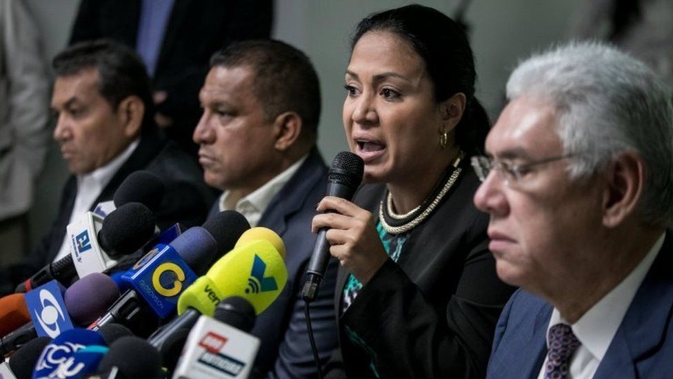 Members of the opposition party Accion Democratica (AD) (L-R) Ramon Guevara, Alfredo Diaz, Laidy Gomez and Antonio Barreto Sira deliver a press conference in Caracas, Venezuela, 24 October 2017