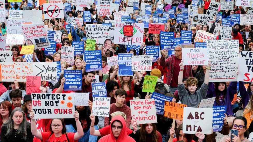 People demonstrate in Legislative Plaza to call for an end to gun violence and support stronger gun laws, after a deadly shooting at the Covenant School in Nashville, Tennessee, U.S., April 3, 2023.