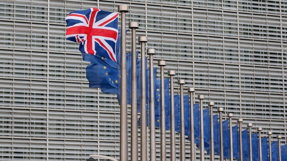 British and European Union Flags outside the European Commission in Brussels
