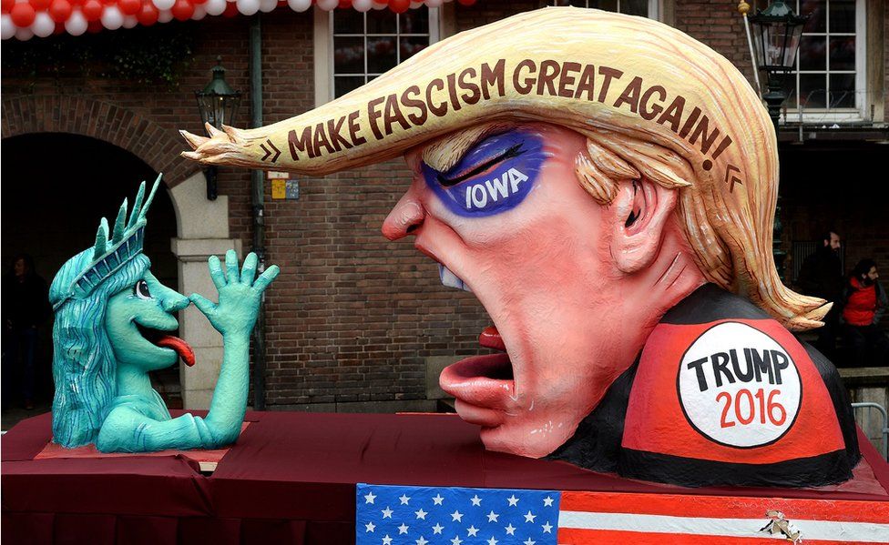 A carnival float mocking US Republican presidential candidate Donald Trump stands on display near city hall on February 8, 2016 in Duesseldorf, Germany