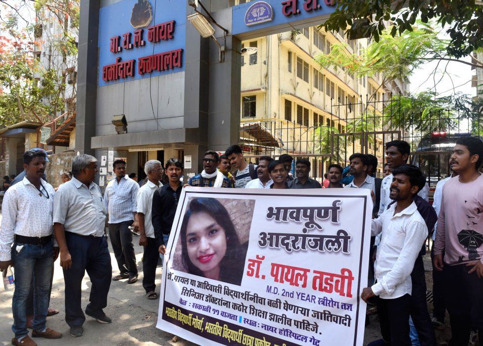 Members of Bahujan Mukti Party protest against the senior doctors of BYL Nair Hospital for suicide of Dr Payal Tadvi who was harassed by her senior doctor at Bombay Central, on May 25, 2019 in Mumbai, India.